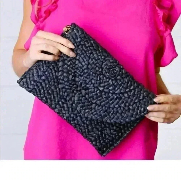 Poppy Sage women’s Straw Clutch/Purses Versatile Fold Over in black no flaws - Picture 9 of 10